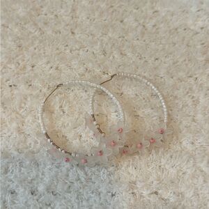 Delicate White Beaded Floral Hoop Earrings with Pink Accents